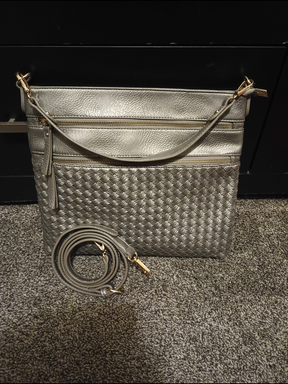 Metallic Silver Woven Crossbody Shoulder Bag